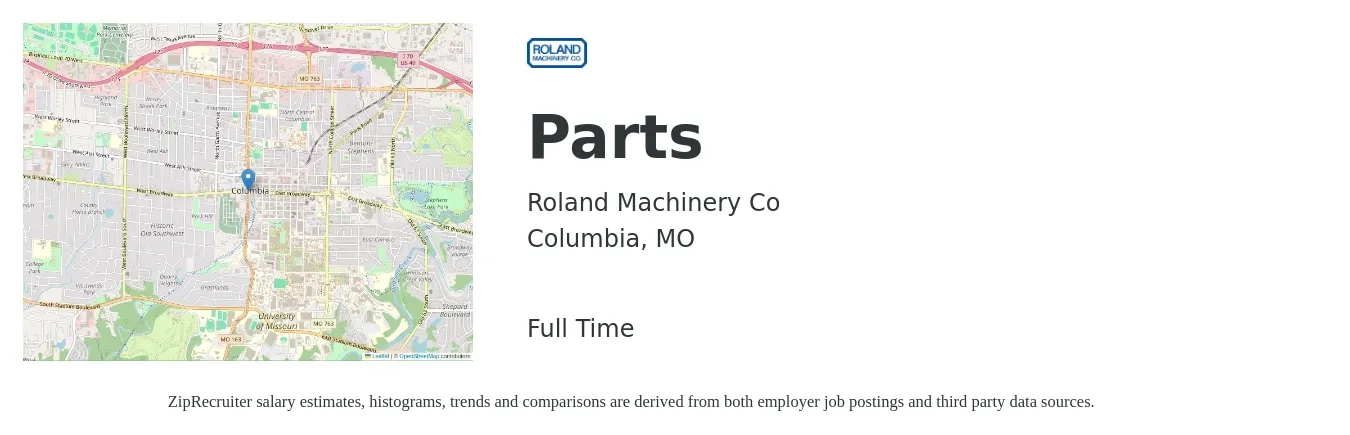 Roland Machinery Co job posting for a Parts in Columbia, MO with a salary of $16 to $21 Hourly with a map of Columbia location.