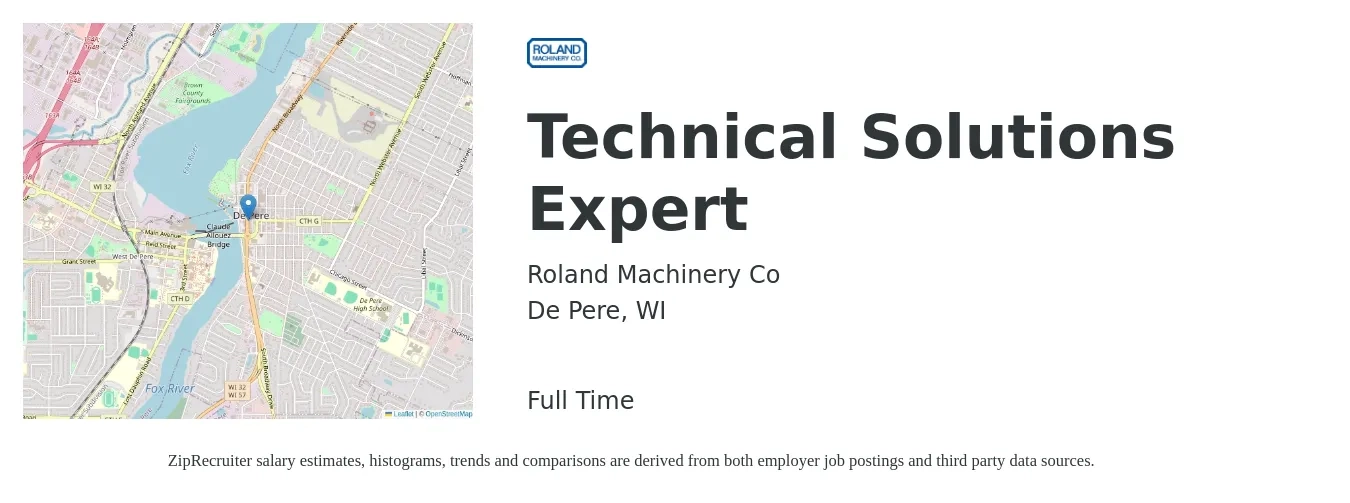 Roland Machinery Co job posting for a Technical Solutions Expert in De Pere, WI with a salary of $92,100 to $137,400 Yearly with a map of De Pere location.