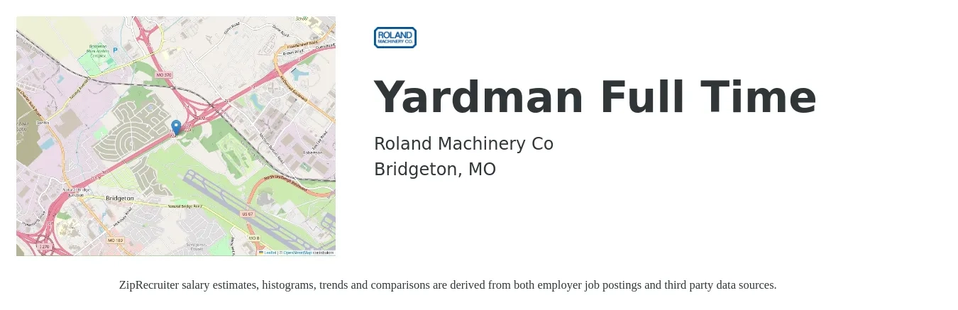 Roland Machinery Co job posting for a Yardman Full Time in Bridgeton, MO with a salary of $16 to $18 Hourly with a map of Bridgeton location.