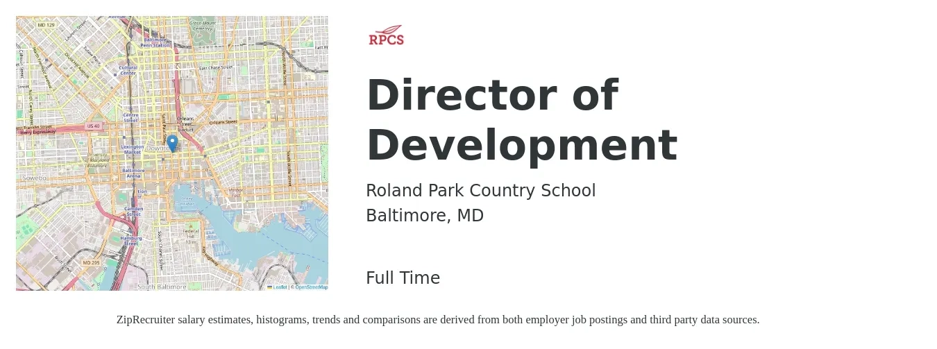 Roland Park Country School job posting for a Director of Development in Baltimore, MD with a salary of $69,600 to $107,800 Yearly with a map of Baltimore location.