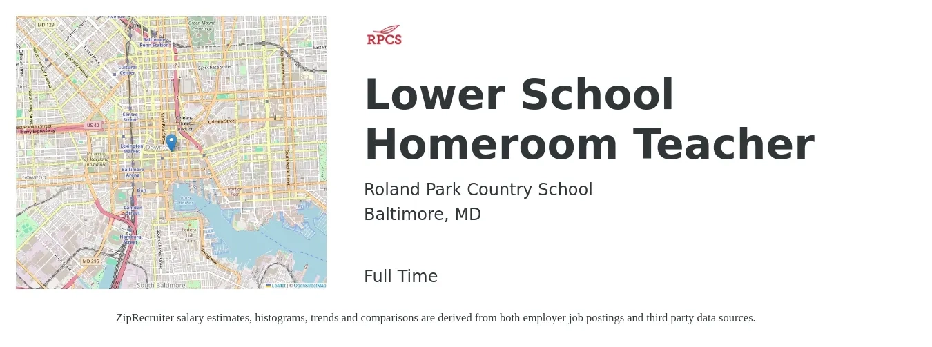 Roland Park Country School job posting for a Lower School Homeroom Teacher in Baltimore, MD with a salary of $37,800 to $76,500 Yearly with a map of Baltimore location.