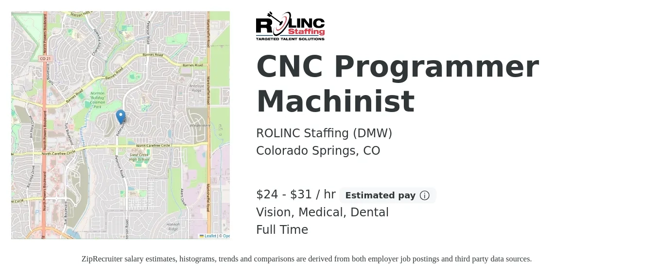 ROLINC Staffing  (FRS) job posting for a CNC Programmer Machinist in Colorado Springs, CO with a salary of $25 to $33 Hourly and benefits including dental, medical, pto, and vision with a map of Colorado Springs location.