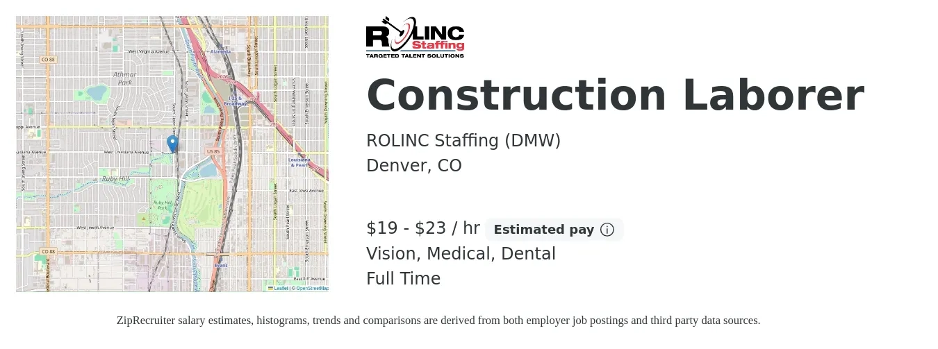 ROLINC Staffing  (NOCO) job posting for a Construction Laborer in Denver, CO with a salary of $20 to $24 Hourly and benefits including vision, dental, life_insurance, medical, and retirement with a map of Denver location.