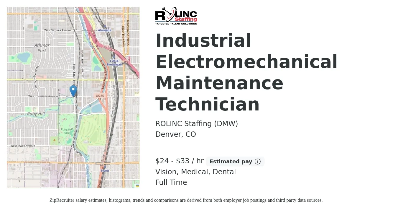 ROLINC Staffing (DMW) job posting for a Industrial Electromechanical Maintenance Technician in Denver, CO with a salary of $25 to $35 Hourly and benefits including dental, medical, retirement, and vision with a map of Denver location.