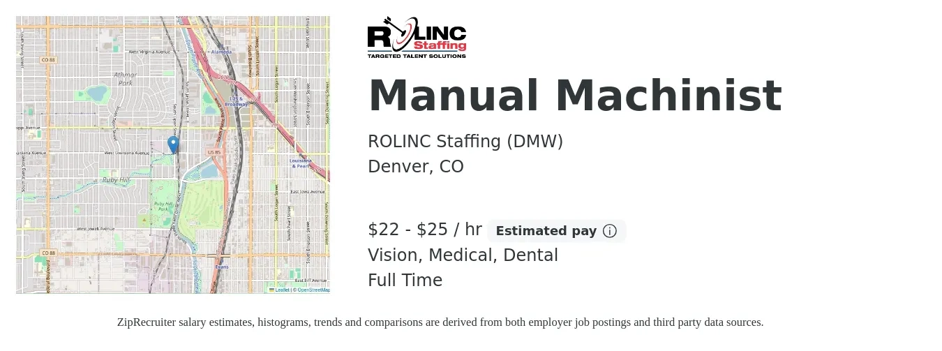 ROLINC Staffing (DMW) job posting for a Manual Machinist in Denver, CO with a salary of $23 to $27 Hourly and benefits including dental, life_insurance, medical, pto, retirement, and vision with a map of Denver location.