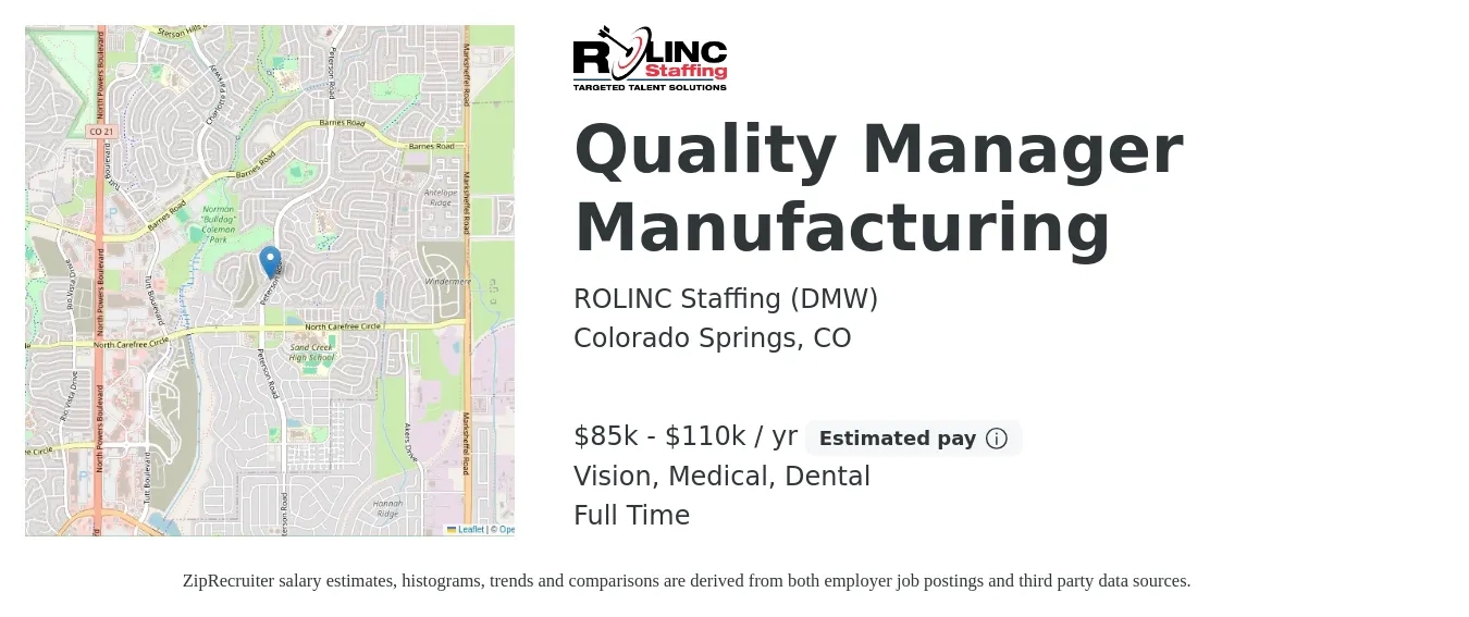 ROLINC Staffing (DMW) job posting for a Quality Manager Manufacturing in Colorado Springs, CO with a salary of $85,000 to $110,000 Yearly and benefits including dental, life_insurance, medical, retirement, and vision with a map of Colorado Springs location.