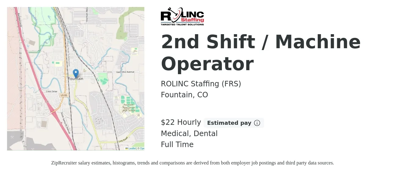 ROLINC Staffing  (FRS) job posting for a 2nd Shift / Machine Operator in Fountain, CO with a salary of $23 Hourly and benefits including medical, retirement, dental, and life_insurance with a map of Fountain location.