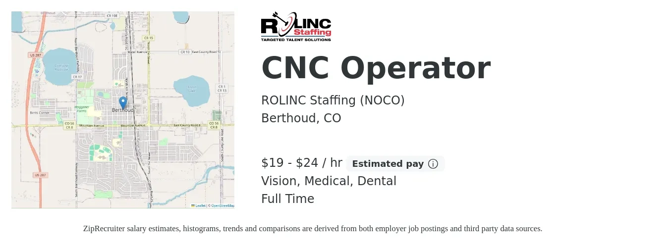 ROLINC Staffing  (AUR) job posting for a CNC Operator in Berthoud, CO with a salary of $20 to $25 Hourly and benefits including dental, medical, retirement, and vision with a map of Berthoud location.