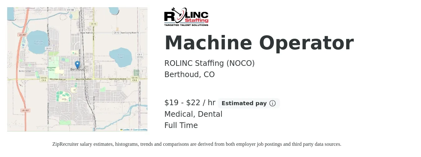ROLINC Staffing (DMW) job posting for a Machine Operator in Berthoud, CO with a salary of $20 to $23 Hourly and benefits including medical, retirement, vision, and dental with a map of Berthoud location.