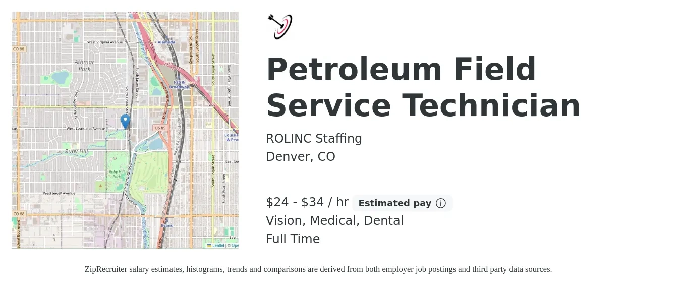 ROLINC Staffing job posting for a Petroleum Field Service Technician in Denver, CO with a salary of $25 to $36 Hourly and benefits including dental, medical, and vision with a map of Denver location.
