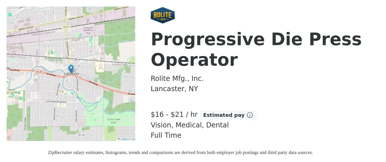 Rolite Mfg., Inc. job posting for a Progressive Die Press Operator in Lancaster, NY with a salary of $17 to $22 Hourly and benefits including dental, medical, pto, retirement, and vision with a map of Lancaster location.