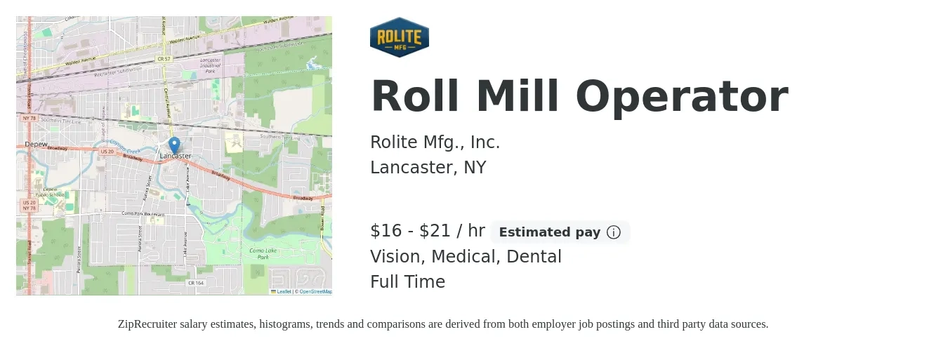 Rolite Mfg., Inc. job posting for a Roll Mill Operator in Lancaster, NY with a salary of $17 to $22 Hourly and benefits including dental, medical, pto, retirement, and vision with a map of Lancaster location.