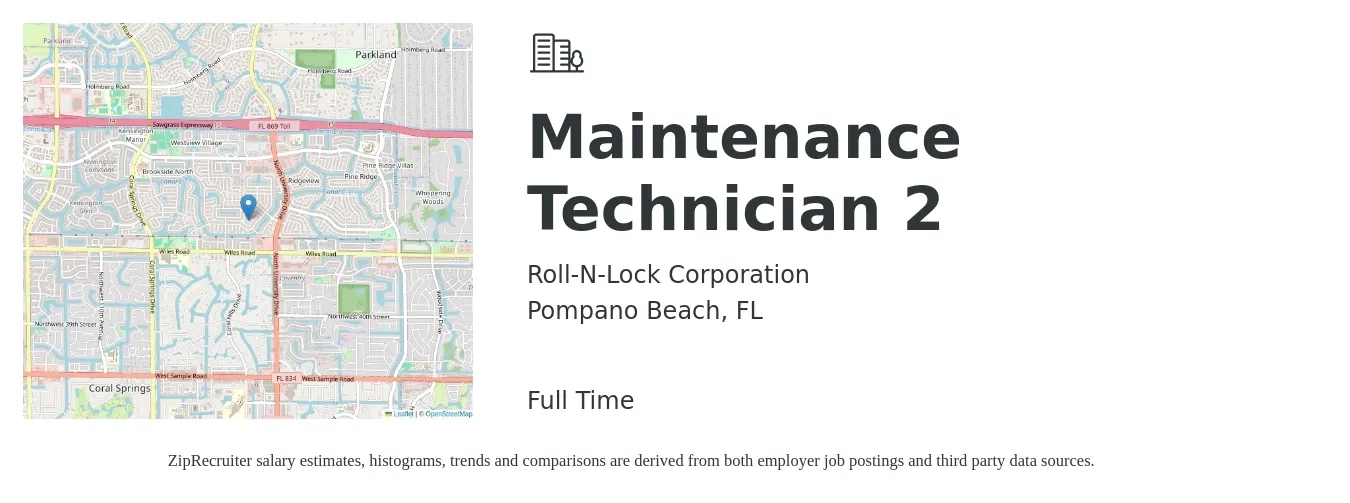 Roll-N-Lock Corporation job posting for a Maintenance Technician 2 in Pompano Beach, FL with a salary of $18 to $26 Hourly with a map of Pompano Beach location.