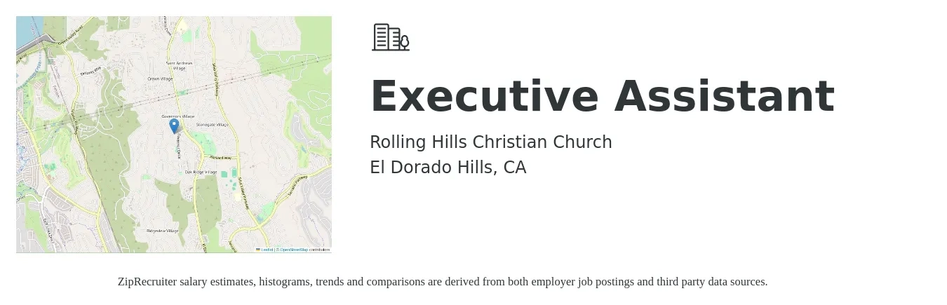 Rolling Hills Christian Church job posting for a Executive Assistant in El Dorado Hills, CA with a salary of $50,800 to $76,200 Yearly with a map of El Dorado Hills location.