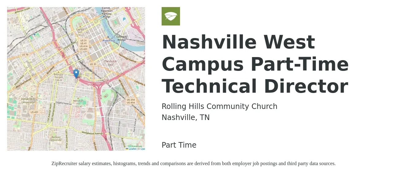 Rolling Hills Community Church job posting for a Nashville West Campus Part-Time Technical Director in Nashville, TN with a salary of $64,500 to $146,500 Yearly with a map of Nashville location.