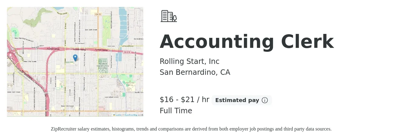 Rolling Start, Inc job posting for a Accounting Clerk in San Bernardino, CA with a salary of $17 to $22 Hourly with a map of San Bernardino location.