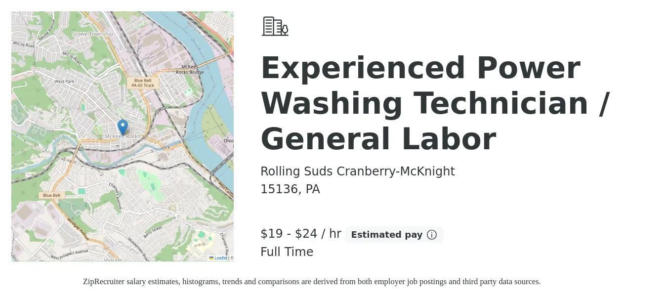 Rolling Suds Cranberry-McKnight job posting for a Experienced Power Washing Technician / General Labor in 15136, PA with a salary of $20 to $25 Hourly with a map of 15136 location.