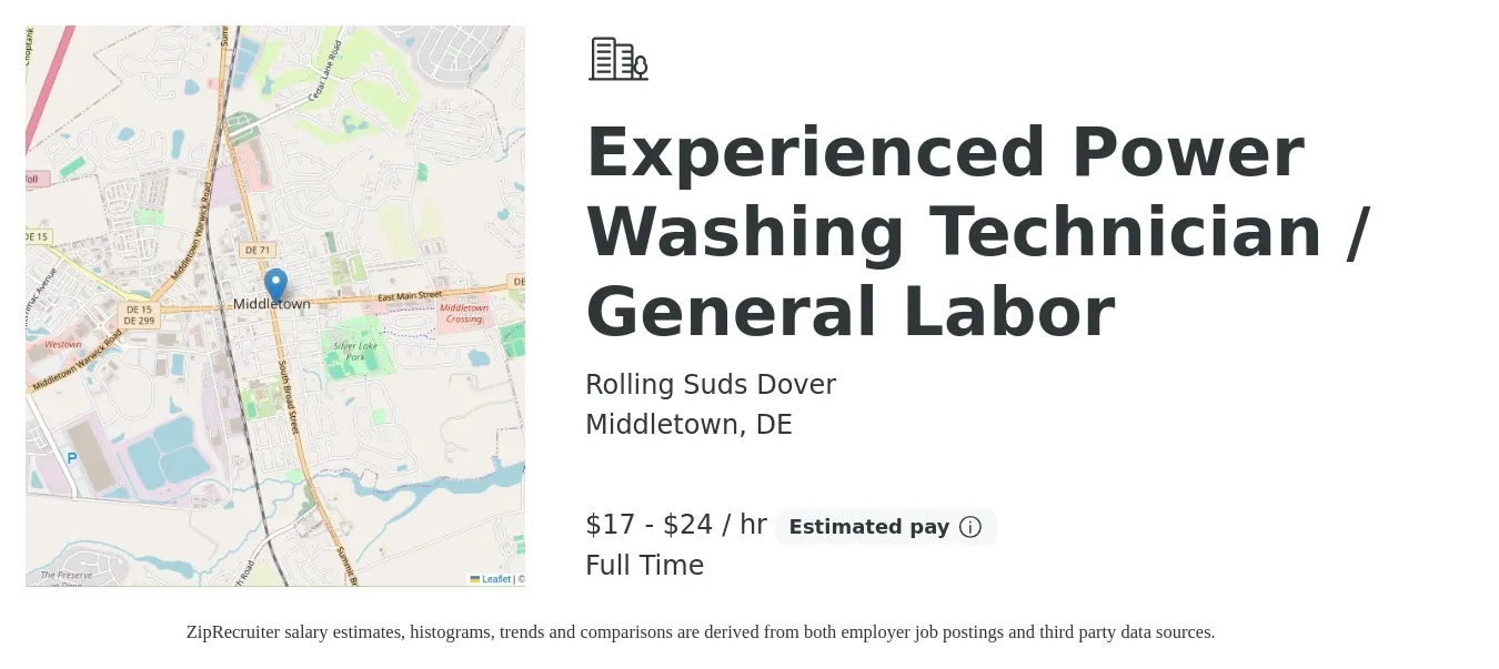 Rolling Suds Dover job posting for a Experienced Power Washing Technician / General Labor in Middletown, DE with a salary of $18 to $25 Hourly with a map of Middletown location.