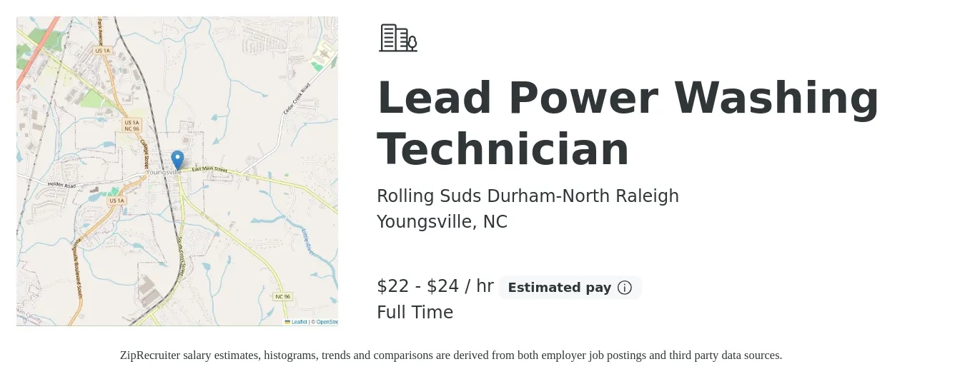 Rolling Suds Durham-North Raleigh job posting for a Lead Power Washing Technician in Youngsville, NC with a salary of $48,000 Yearly with a map of Youngsville location.