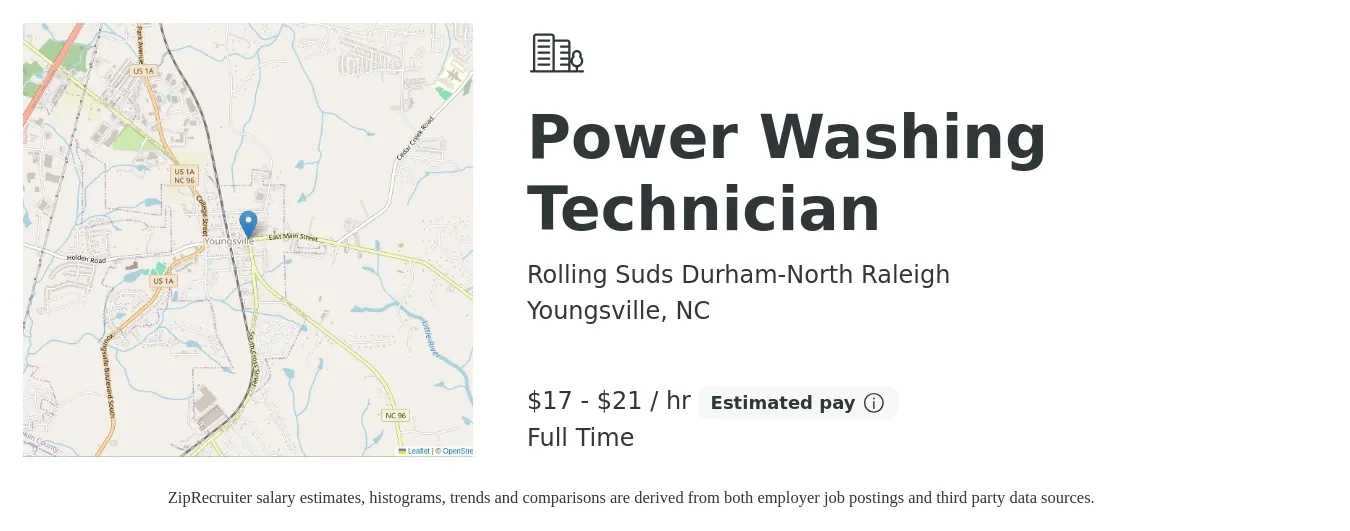 Rolling Suds Durham-North Raleigh job posting for a Power Washing Technician in Youngsville, NC with a salary of $18 to $22 Hourly with a map of Youngsville location.