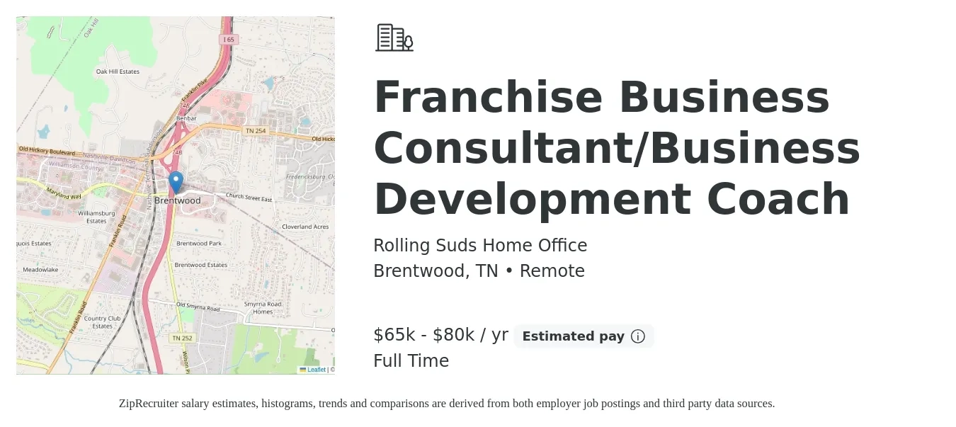 Rolling Suds Home Office job posting for a Franchise Business Consultant/Business Development Coach in Brentwood, TN with a salary of $65,000 to $80,000 Yearly with a map of Brentwood location.
