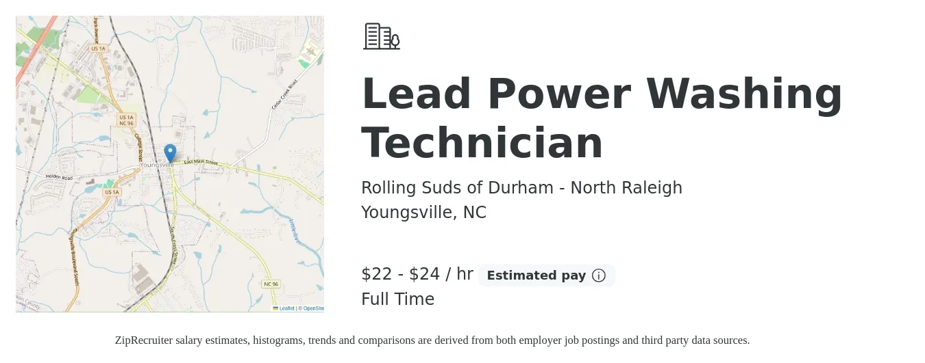 Rolling Suds of Durham - North Raleigh job posting for a Lead Power Washing Technician in Youngsville, NC with a salary of $22 to $24 Hourly with a map of Youngsville location.