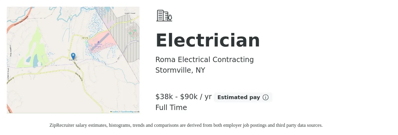 Roma Electrical Contracting job posting for a Electrician in Stormville, NY with a salary of $38,000 to $90,000 Yearly with a map of Stormville location.