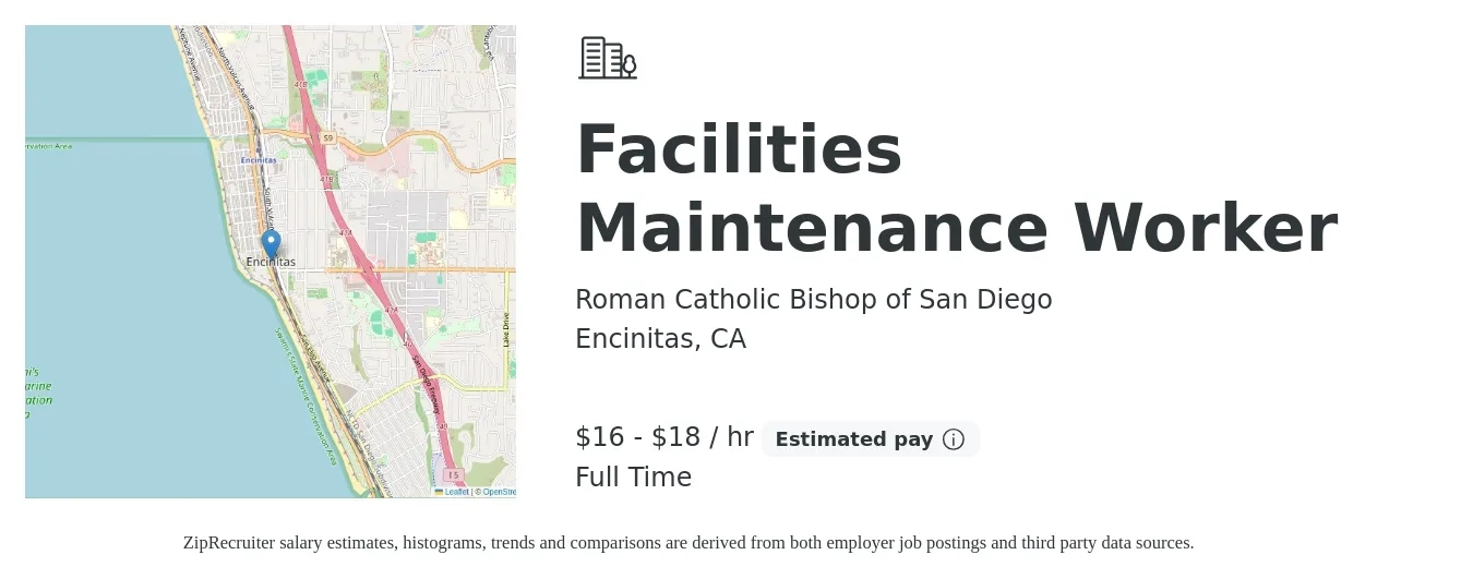 Roman Catholic Bishop of San Diego job posting for a Facilities Maintenance Worker in Encinitas, CA with a salary of $17 to $19 Hourly with a map of Encinitas location.