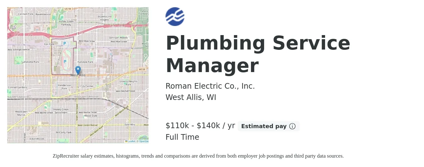 Roman Electric Co., Inc. job posting for a Plumbing Service Manager in West Allis, WI with a salary of $110,000 to $140,000 Yearly with a map of West Allis location.