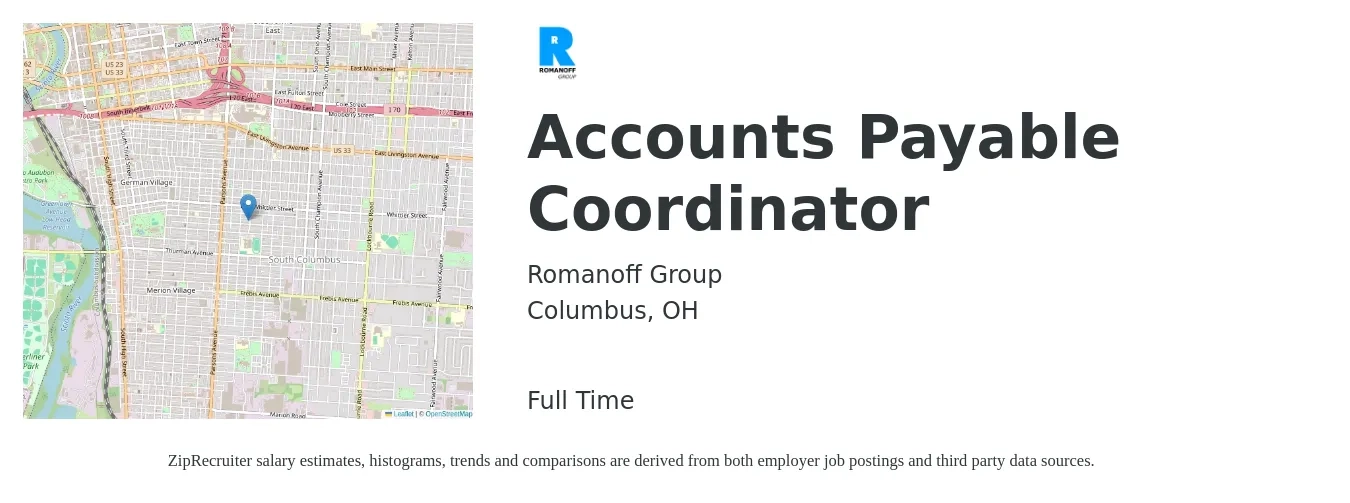 Romanoff Group job posting for a Accounts Payable Coordinator in Columbus, OH with a salary of $18 to $24 Hourly with a map of Columbus location.