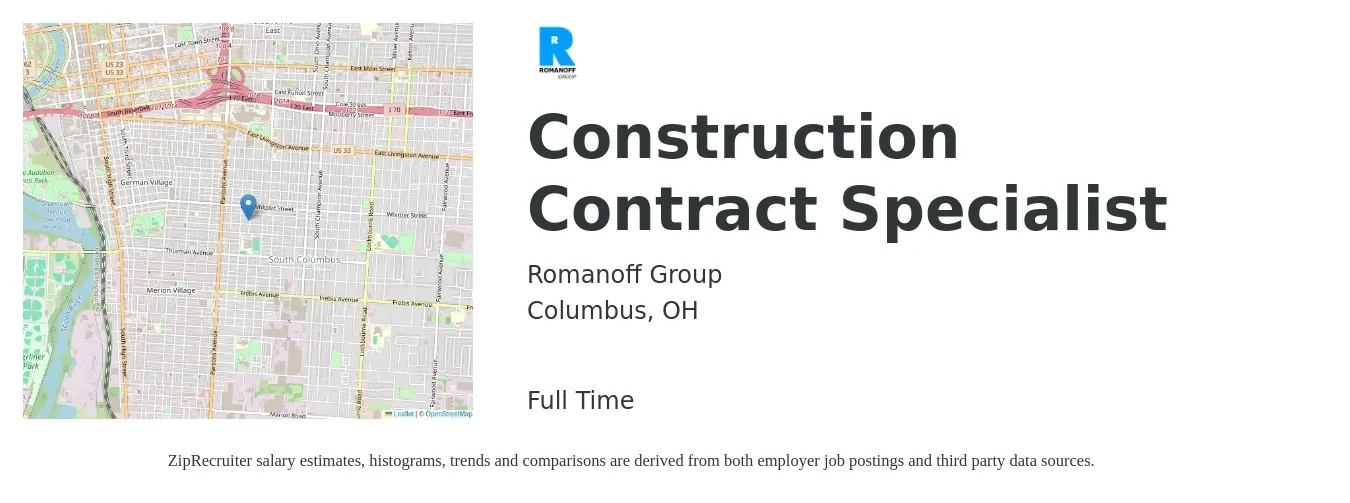Romanoff Group job posting for a Construction Contract Specialist in Columbus, OH with a salary of $52,200 to $90,300 Yearly with a map of Columbus location.