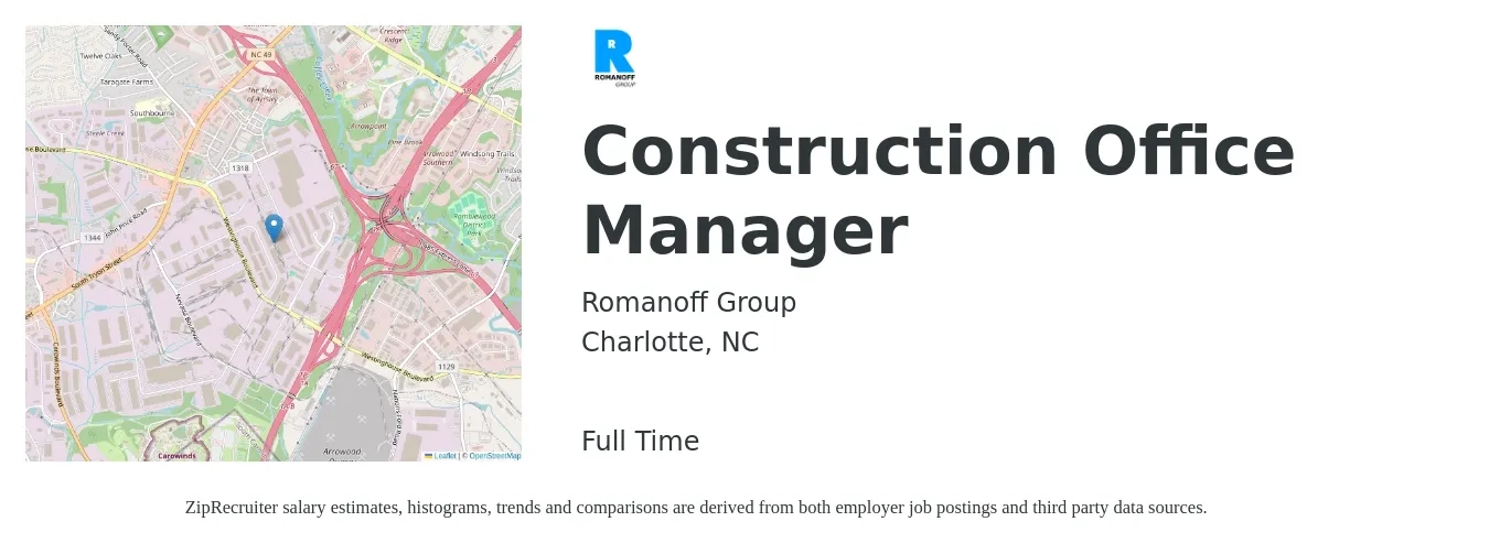 Romanoff Group job posting for a Construction Office Manager in Charlotte, NC with a salary of $37,500 to $55,300 Yearly with a map of Charlotte location.