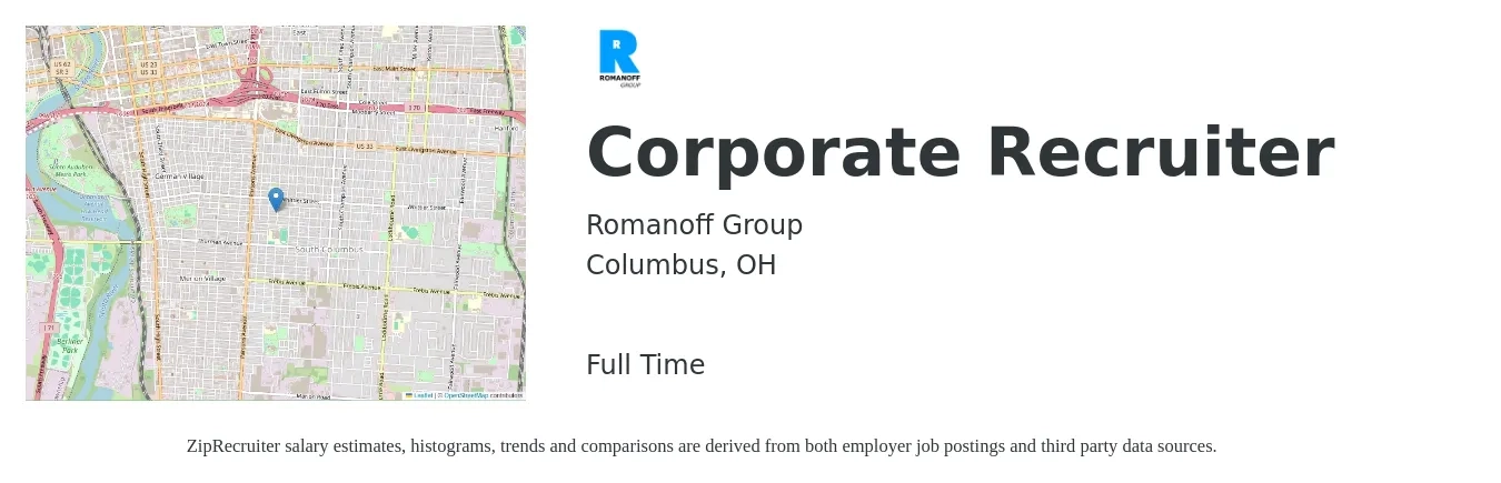 Romanoff Group job posting for a Corporate Recruiter in Columbus, OH with a salary of $45,800 to $66,000 Yearly with a map of Columbus location.