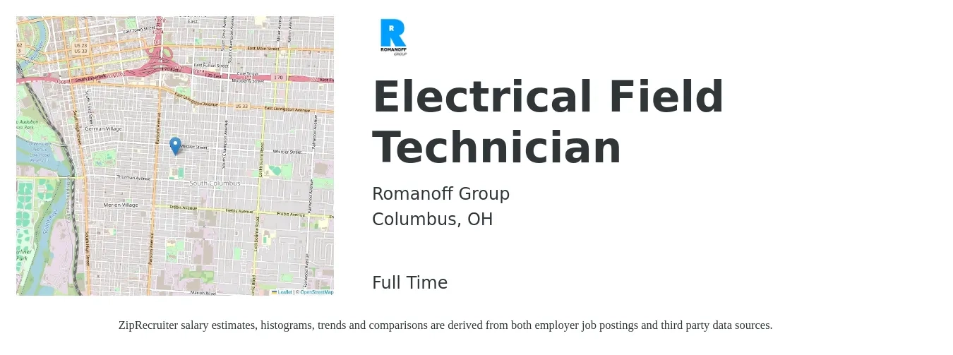 Romanoff Group job posting for a Electrical Field Technician in Columbus, OH with a salary of $18 to $25 Hourly with a map of Columbus location.