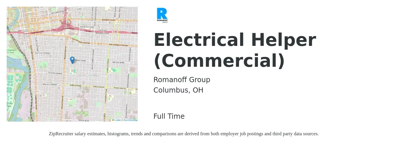 Romanoff Group job posting for a Electrical Helper (Commercial) in Columbus, OH with a salary of $16 to $20 Hourly with a map of Columbus location.