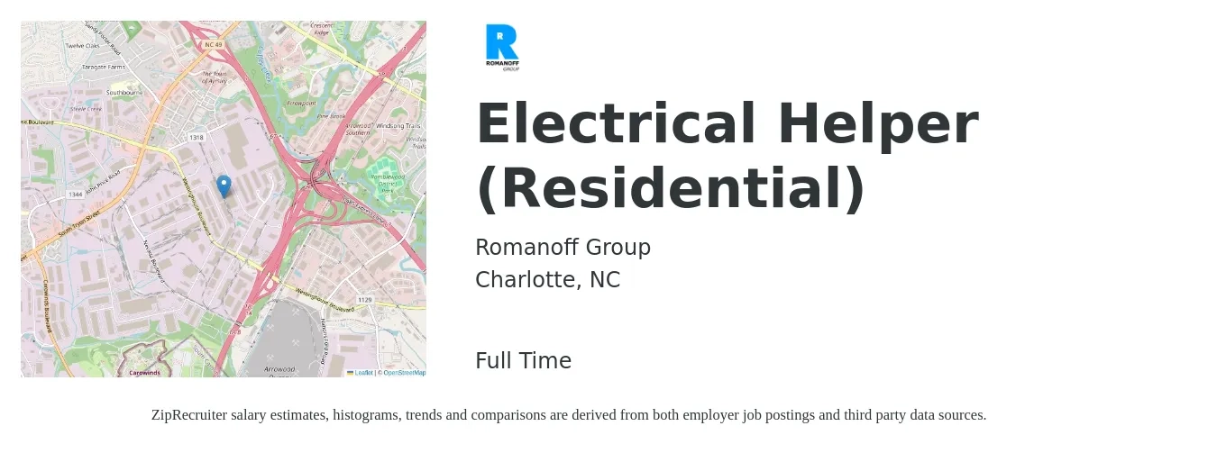 Romanoff Group job posting for a Electrical Helper (Residential) in Charlotte, NC with a salary of $16 to $20 Hourly with a map of Charlotte location.