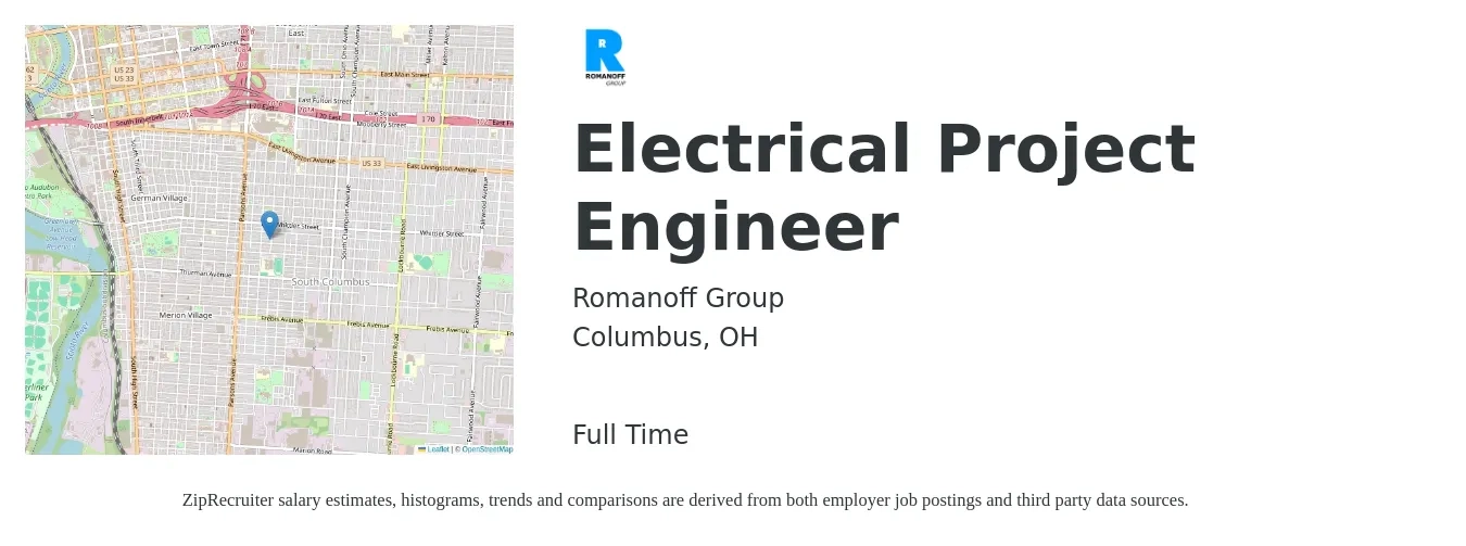 Romanoff Group job posting for a Electrical Project Engineer in Columbus, OH with a salary of $80,700 to $110,000 Yearly with a map of Columbus location.