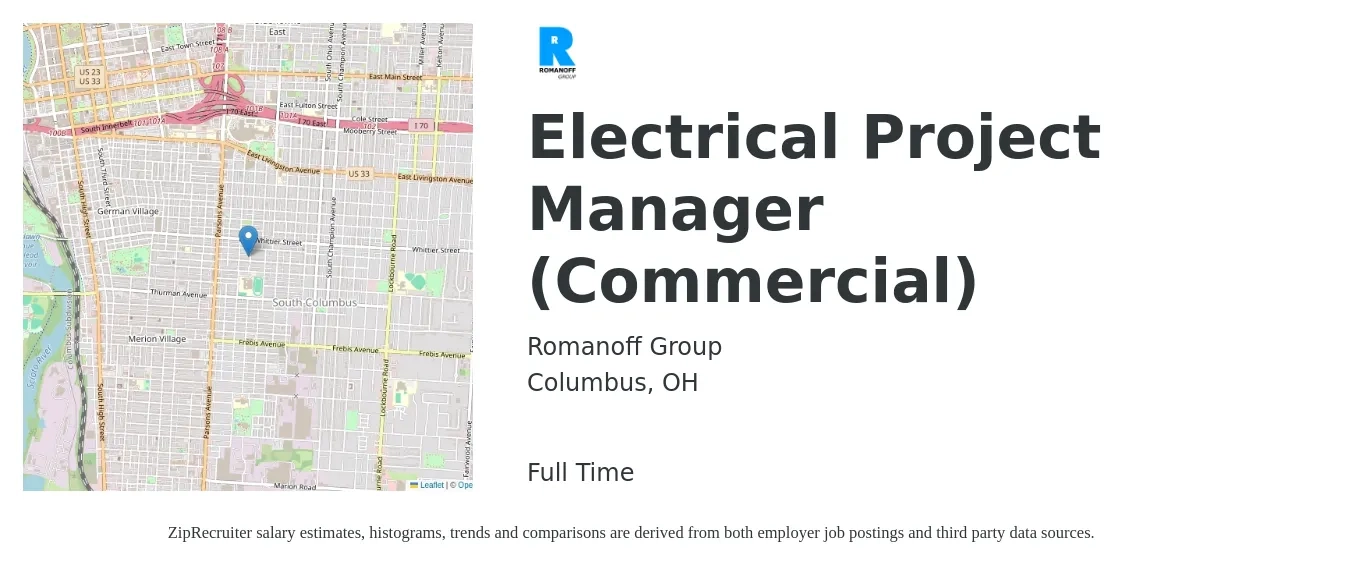 Romanoff Group job posting for a Electrical Project Manager (Commercial) in Columbus, OH with a salary of $78,400 to $111,400 Yearly with a map of Columbus location.
