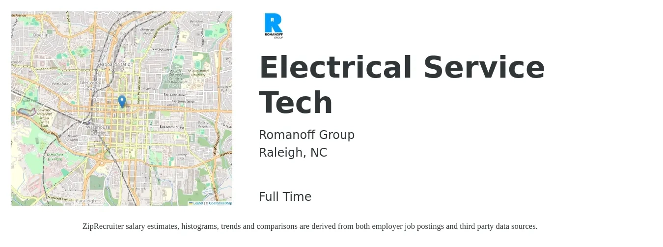 Romanoff Group job posting for a Electrical Service Tech in Raleigh, NC with a salary of $25 to $34 Hourly with a map of Raleigh location.