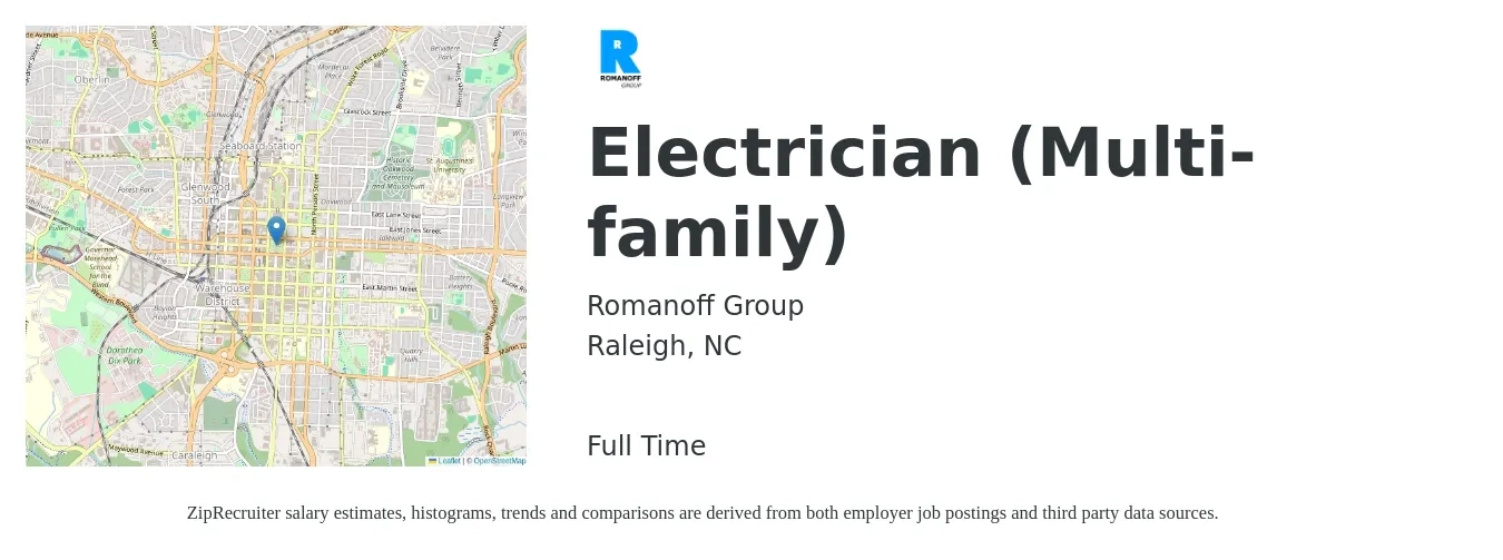 Romanoff Group job posting for a Electrician (Multi-family) in Raleigh, NC with a salary of $24 to $33 Hourly with a map of Raleigh location.
