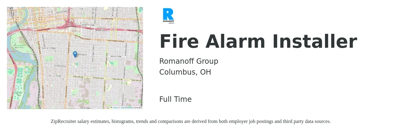 Romanoff Group job posting for a Fire Alarm Installer in Columbus, OH with a salary of $21 to $28 Hourly with a map of Columbus location.