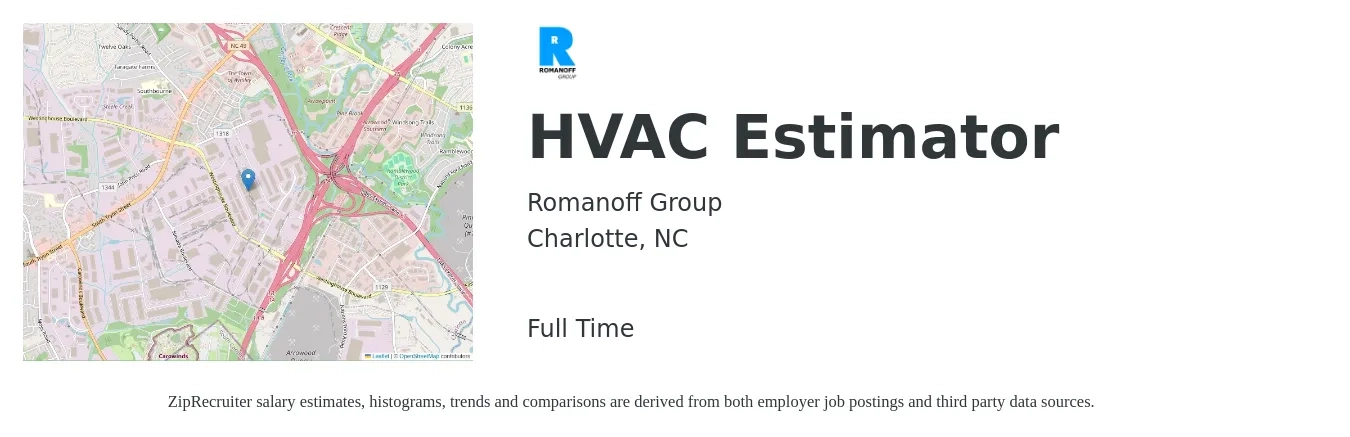 Romanoff Group job posting for a HVAC Estimator in Charlotte, NC with a salary of $55,800 to $88,600 Yearly with a map of Charlotte location.