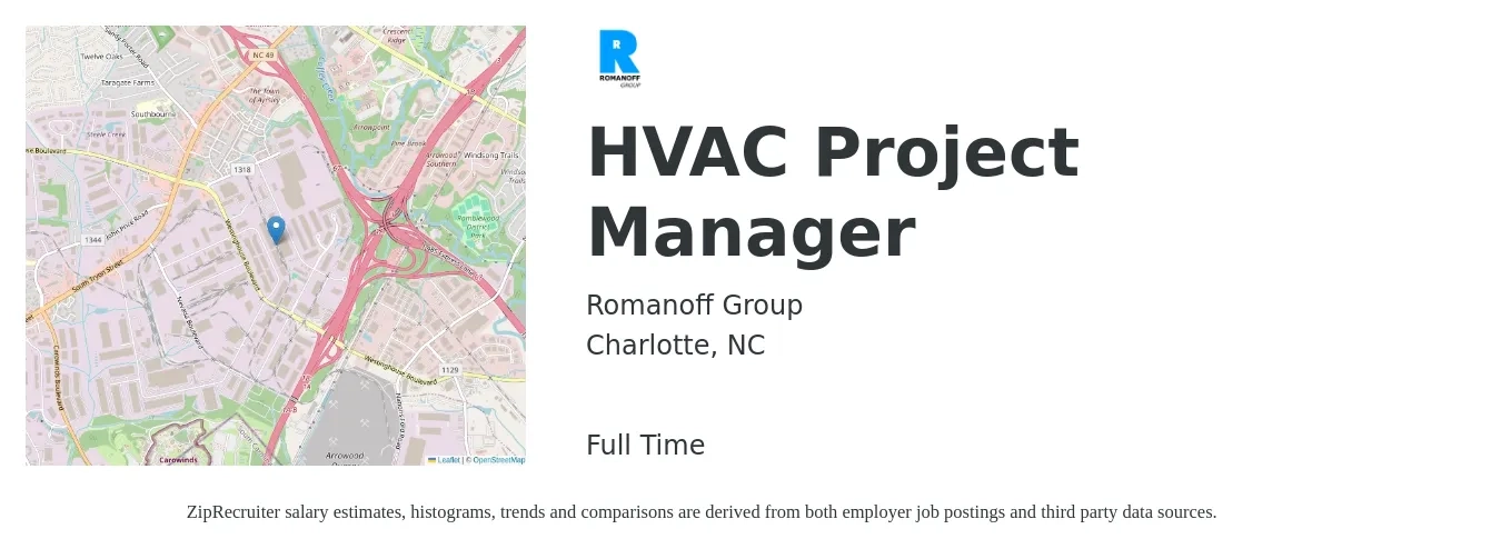 Romanoff Group job posting for a HVAC Project Manager in Charlotte, NC with a salary of $75,000 to $105,000 Yearly with a map of Charlotte location.