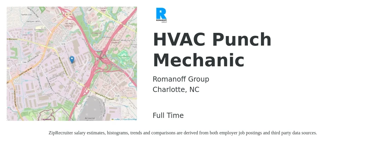Romanoff Group job posting for a HVAC Punch Mechanic in Charlotte, NC with a salary of $23 to $31 Hourly with a map of Charlotte location.