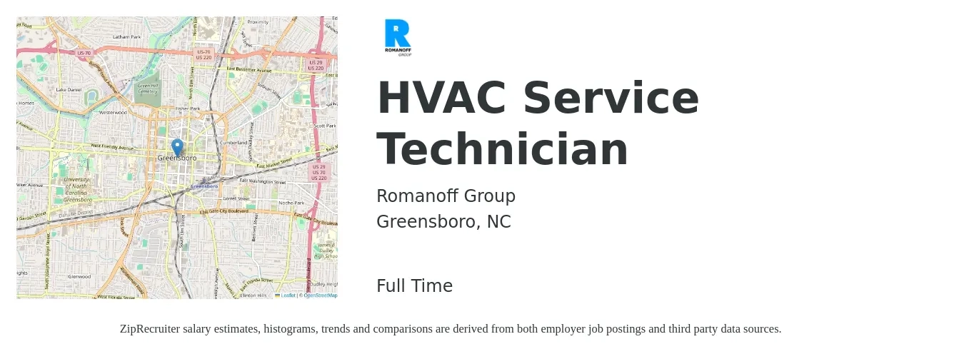 Romanoff Group job posting for a HVAC Service Technician in Greensboro, NC with a salary of $24 to $34 Hourly with a map of Greensboro location.