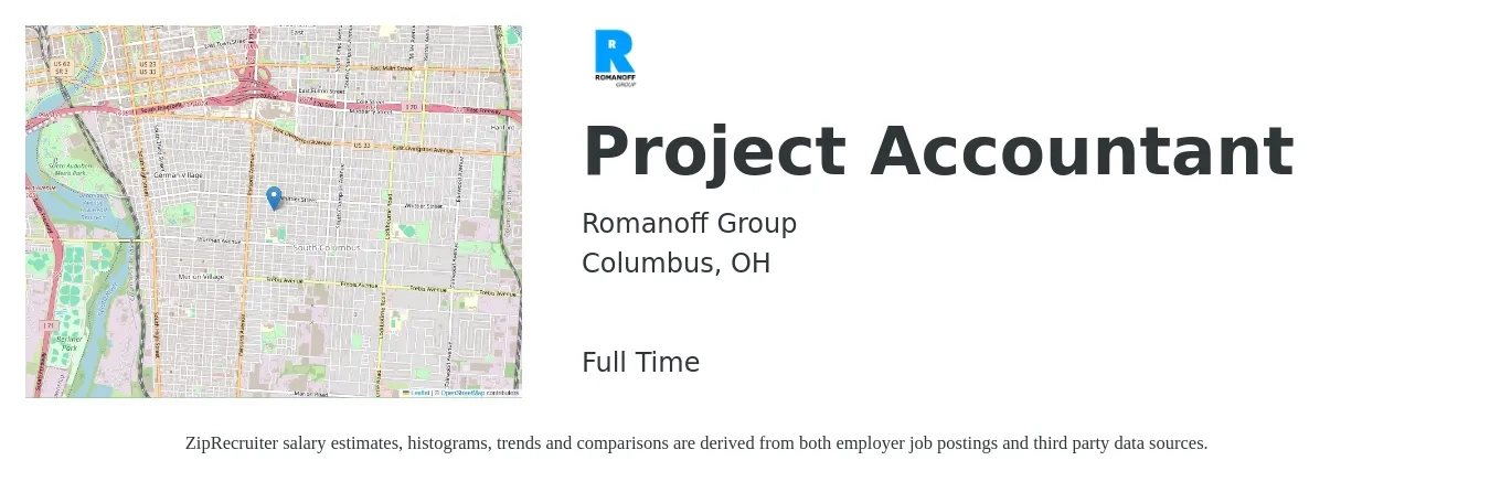 Romanoff Group job posting for a Project Accountant in Columbus, OH with a salary of $55,900 to $73,300 Yearly with a map of Columbus location.