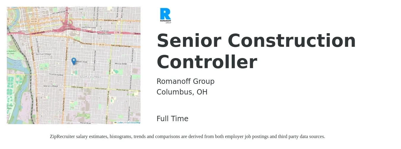 Romanoff Group job posting for a Senior Construction Controller in Columbus, OH with a salary of $94,000 to $140,700 Yearly with a map of Columbus location.