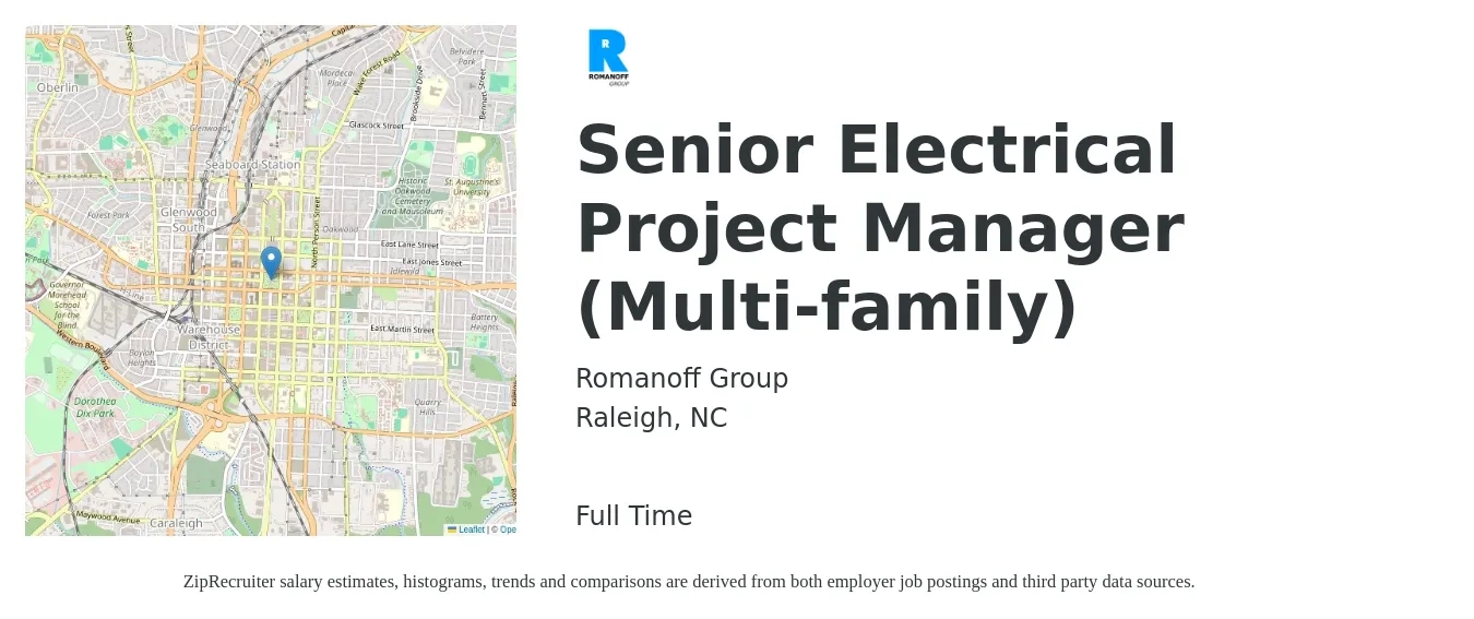 Romanoff Group job posting for a Senior Electrical Project Manager (Multi-family) in Raleigh, NC with a salary of $95,300 to $146,300 Yearly with a map of Raleigh location.