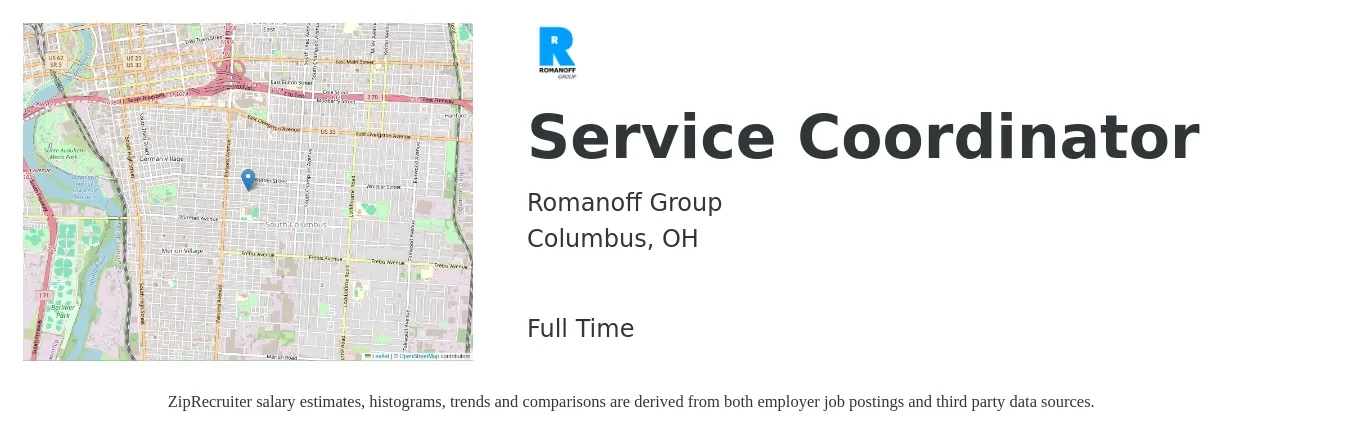Romanoff Group job posting for a Service Coordinator in Columbus, OH with a salary of $18 to $23 Hourly with a map of Columbus location.