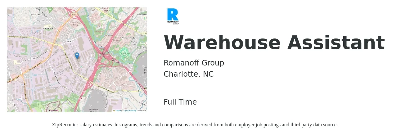 Romanoff Group job posting for a Warehouse Assistant in Charlotte, NC with a salary of $15 to $18 Hourly with a map of Charlotte location.